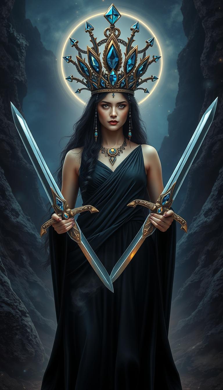 The Goddess of Swords stands dignified in an otherworldly realm, embodying both elegance and power with her presence