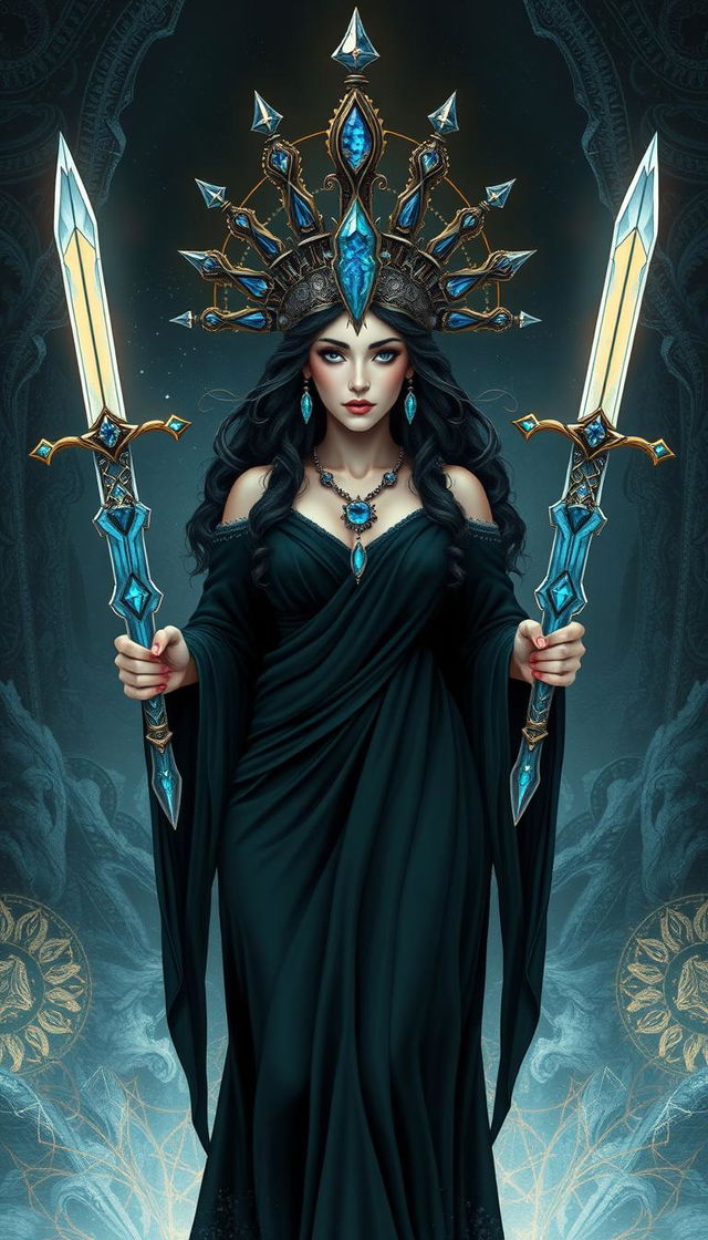 The Goddess of Swords stands dignified in an otherworldly realm, embodying both elegance and power with her presence