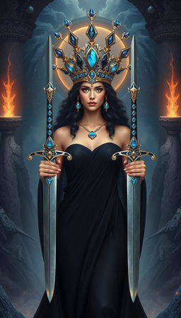 The Goddess of Swords stands dignified in an otherworldly realm, embodying both elegance and power with her presence