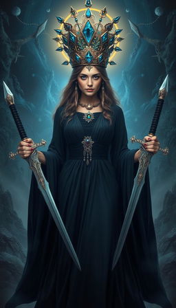 The Goddess of Swords stands dignified in an otherworldly realm, embodying both elegance and power with her presence