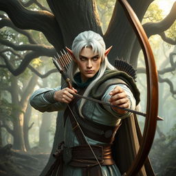 A Dungeons and Dragons inspired male elf archer, poised and ready