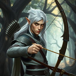 A Dungeons and Dragons inspired male elf archer, poised and ready