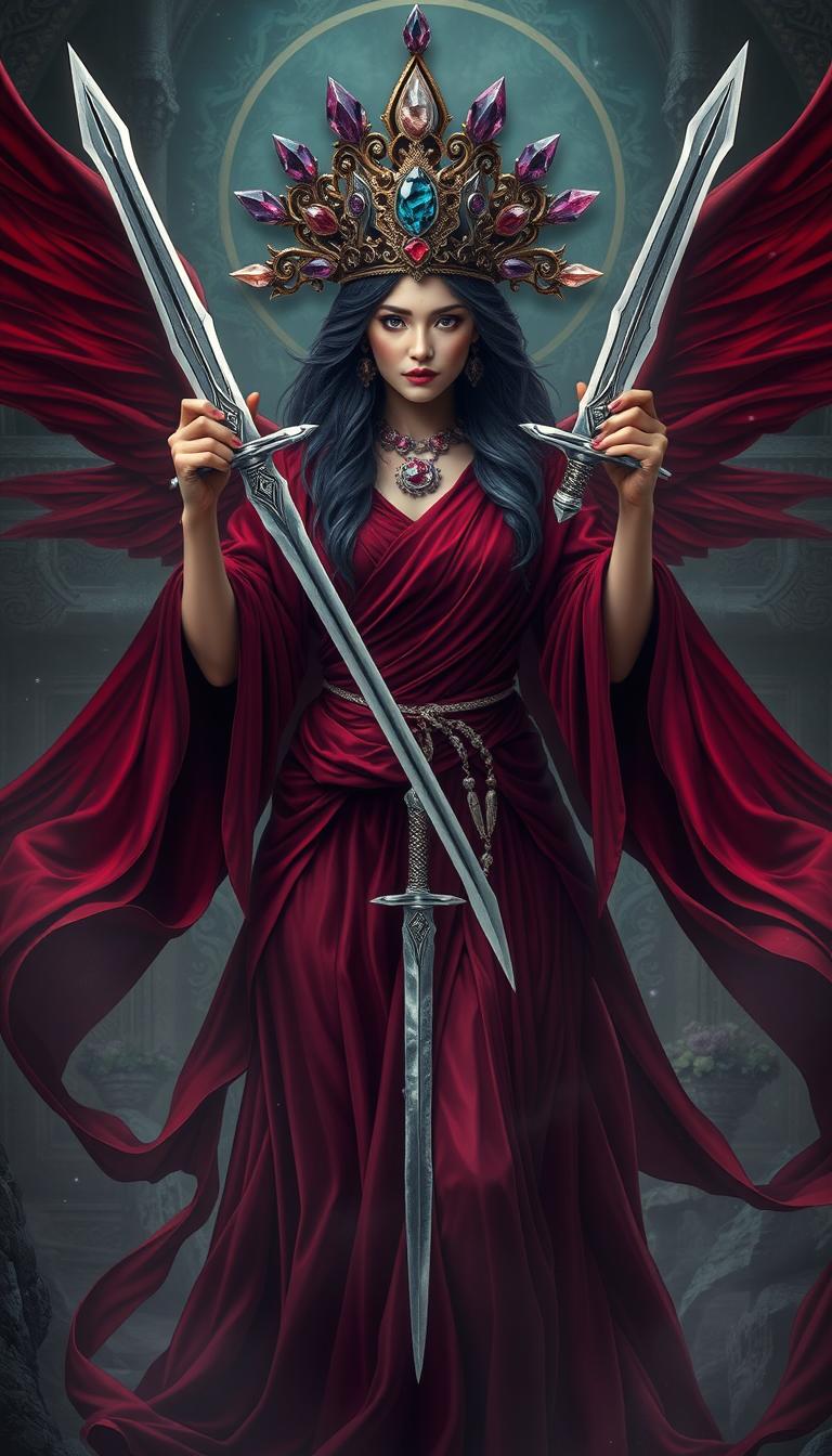 The Goddess of Swords embodies majestic grace and commanding presence, standing in a mystical realm