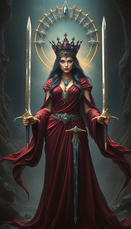 The Goddess of Swords embodies majestic grace and commanding presence, standing in a mystical realm