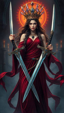 The Goddess of Swords embodies majestic grace and commanding presence, standing in a mystical realm