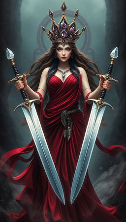 The Goddess of Swords embodies majestic grace and commanding presence, standing in a mystical realm