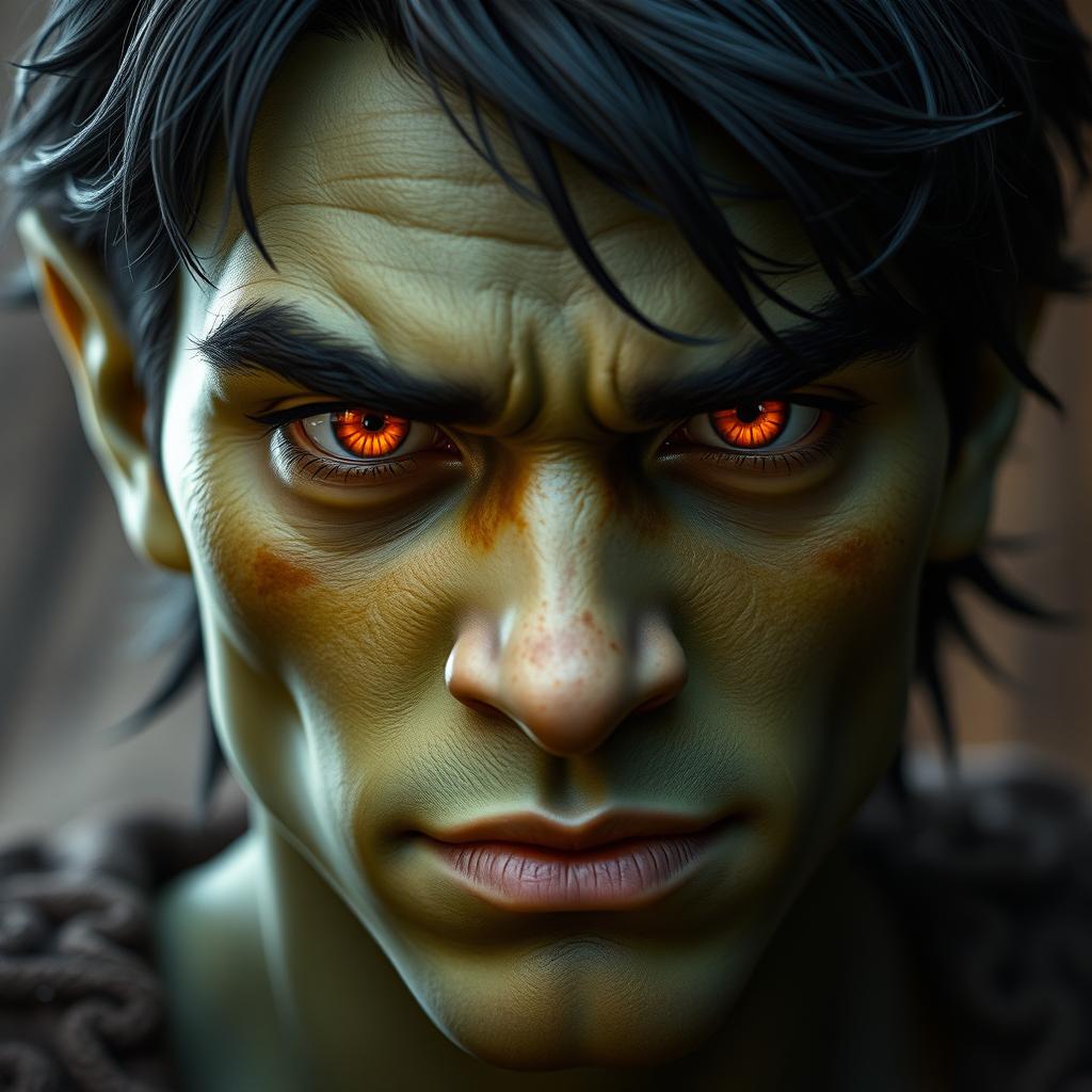 A close-up portrait of a 20-year-old green-skinned half-orc with medium-length black hair and striking orange eyes