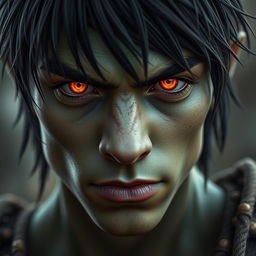 A close-up portrait of a 20-year-old green-skinned half-orc with medium-length black hair and striking orange eyes