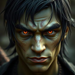 A close-up portrait of a 20-year-old green-skinned half-orc with medium-length black hair and striking orange eyes