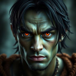 A close-up portrait of a 20-year-old green-skinned half-orc with medium-length black hair and striking orange eyes