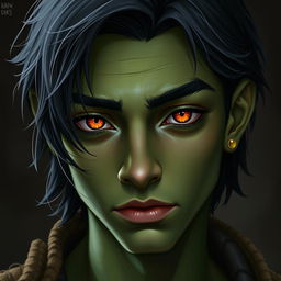 A 20-year-old green-skinned half-orc, featuring medium-length black hair and captivating orange eyes, with a focus on the head and facial features