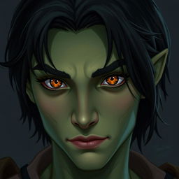 A 20-year-old green-skinned half-orc, featuring medium-length black hair and captivating orange eyes, with a focus on the head and facial features