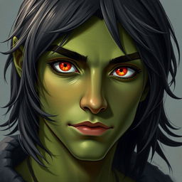 A 20-year-old green-skinned half-orc, featuring medium-length black hair and captivating orange eyes, with a focus on the head and facial features