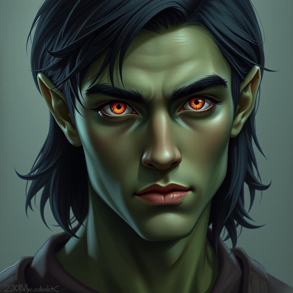 A 20-year-old green-skinned half-orc, featuring medium-length black hair and captivating orange eyes, with a focus on the head and facial features