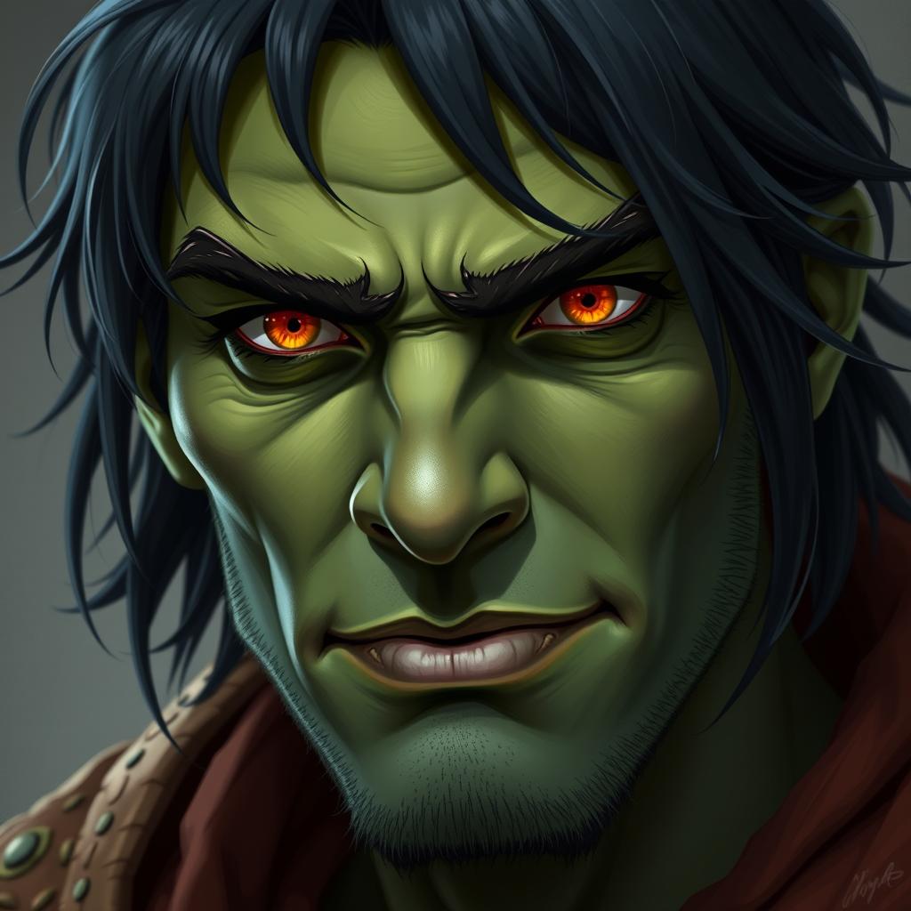 A 30-year-old green-skinned half-orc, featuring medium-length black hair and vivid orange eyes, with a focus on the head and facial features