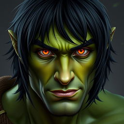 A 30-year-old green-skinned half-orc, featuring medium-length black hair and vivid orange eyes, with a focus on the head and facial features