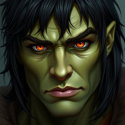 A 30-year-old green-skinned half-orc, featuring medium-length black hair and vivid orange eyes, with a focus on the head and facial features