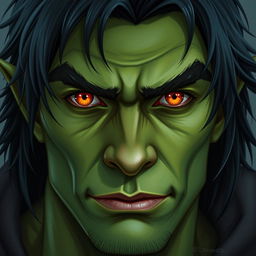 A 30-year-old green-skinned half-orc, featuring medium-length black hair and vivid orange eyes, with a focus on the head and facial features