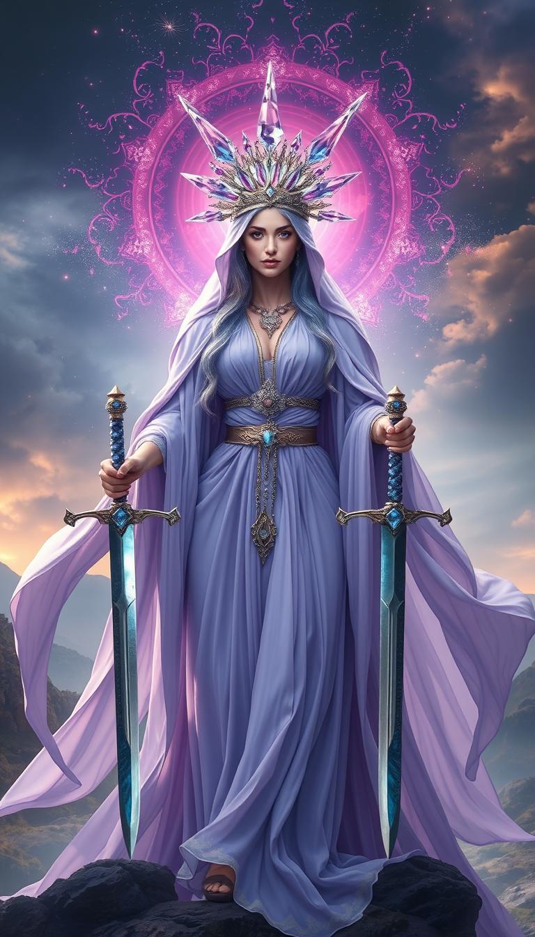 The Goddess of Swords, cloaked in an aura of mystique and power, stands regally in a realm of enchantment