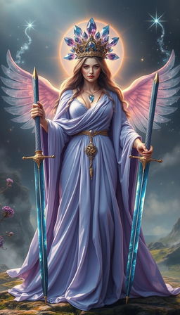 The Goddess of Swords, cloaked in an aura of mystique and power, stands regally in a realm of enchantment