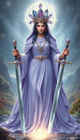 The Goddess of Swords, cloaked in an aura of mystique and power, stands regally in a realm of enchantment