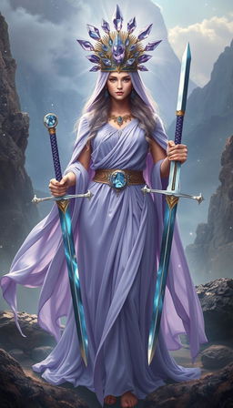 The Goddess of Swords, cloaked in an aura of mystique and power, stands regally in a realm of enchantment