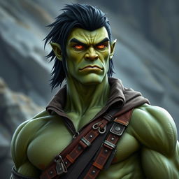 A full-body portrait of a 30-year-old green-skinned half-orc with medium-length black hair and striking orange eyes