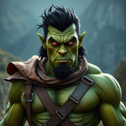 A full-body portrait of a 30-year-old green-skinned half-orc with medium-length black hair and striking orange eyes