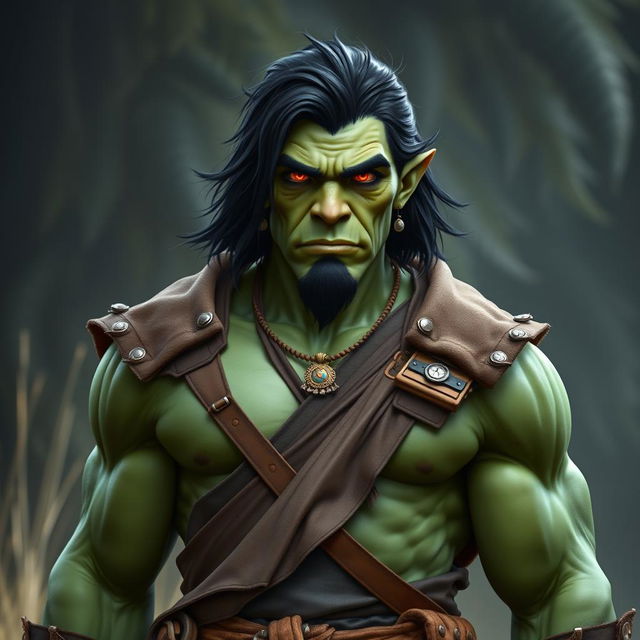 A full-body portrait of a 30-year-old green-skinned half-orc with medium-length black hair and striking orange eyes