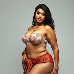 A voluptuous Indian woman with an alluring presence, showcasing her curves in a tight bra and panty set