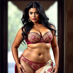 A voluptuous Indian woman with an alluring presence, showcasing her curves in a tight bra and panty set