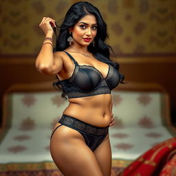 A voluptuous Indian woman with an alluring presence, showcasing her curves in a tight bra and panty set