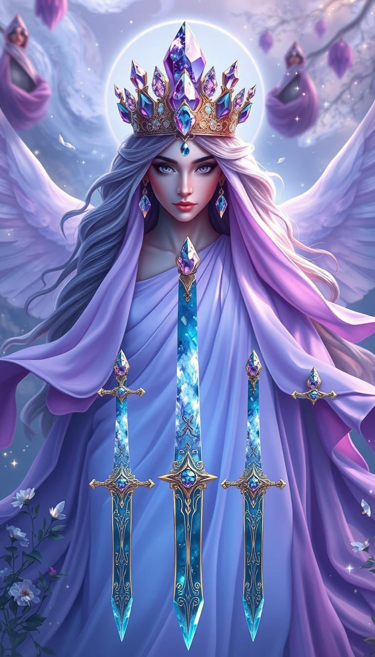 The Goddess of Swords exudes an aura of divine grace and wisdom, enveloped in a realm of mysticism