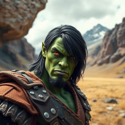 A scene featuring a 30-year-old green-skinned half-orc with medium-length black hair and vibrant orange eyes, captured with a wide field of view