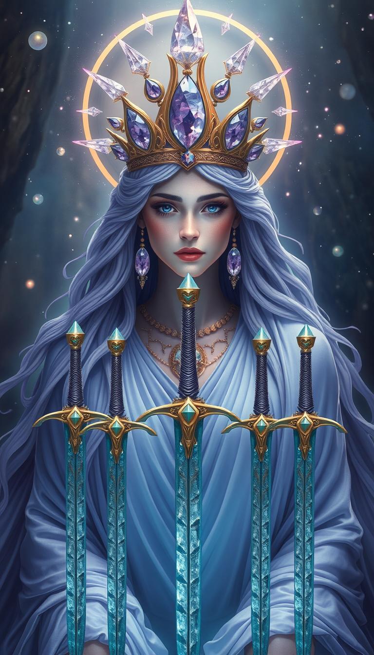 The Goddess of Swords exudes an aura of divine grace and wisdom, enveloped in a realm of mysticism