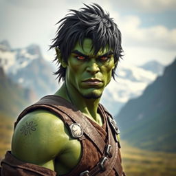 A scene featuring a 30-year-old green-skinned half-orc with medium-length black hair and vibrant orange eyes, captured with a wide field of view