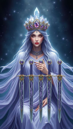 The Goddess of Swords exudes an aura of divine grace and wisdom, enveloped in a realm of mysticism