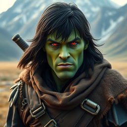 A scene featuring a 30-year-old green-skinned half-orc with medium-length black hair and vibrant orange eyes, captured with a wide field of view