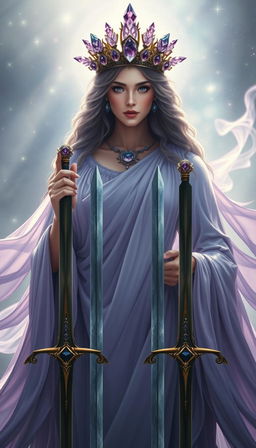 The Goddess of Swords exudes an aura of divine grace and wisdom, enveloped in a realm of mysticism