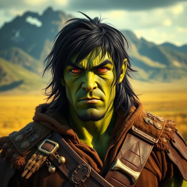 A scene featuring a 30-year-old green-skinned half-orc with medium-length black hair and vibrant orange eyes, captured with a wide field of view