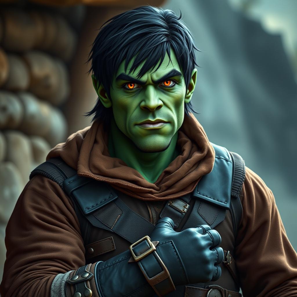 A full-body portrait of a 30-year-old green-skinned half-orc with medium-length black hair and striking orange eyes