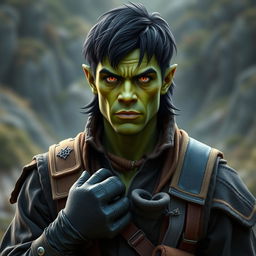 A full-body portrait of a 30-year-old green-skinned half-orc with medium-length black hair and striking orange eyes