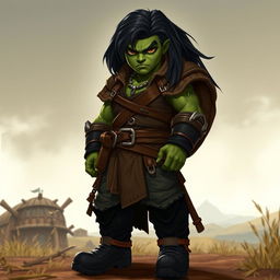 A full-body portrait of a 30-year-old green-skinned half-orc with medium-length black hair and striking orange eyes