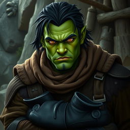 A full-body portrait of a 30-year-old green-skinned half-orc with medium-length black hair and striking orange eyes