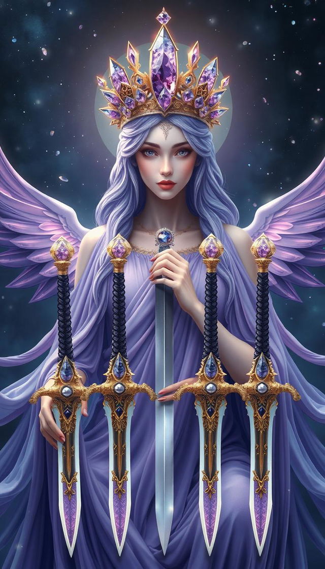 The Goddess of Swords exudes an aura of divine grace and wisdom, enveloped in a realm of mysticism