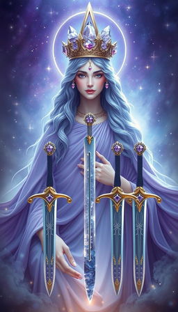 The Goddess of Swords exudes an aura of divine grace and wisdom, enveloped in a realm of mysticism