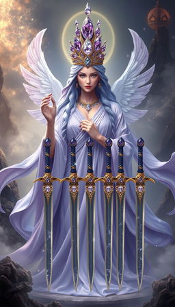 The Goddess of Swords exudes an aura of divine grace and wisdom, enveloped in a realm of mysticism