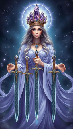 The Goddess of Swords exudes an aura of divine grace and wisdom, enveloped in a realm of mysticism