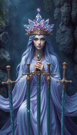 The Goddess of Swords exudes an aura of divine grace and wisdom, enveloped in a realm of mysticism