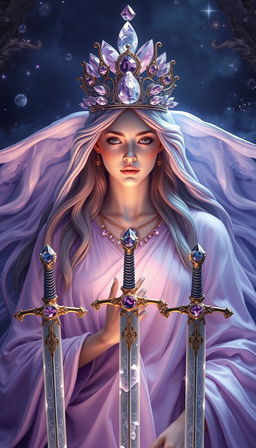 The Goddess of Swords exudes an aura of divine grace and wisdom, enveloped in a realm of mysticism